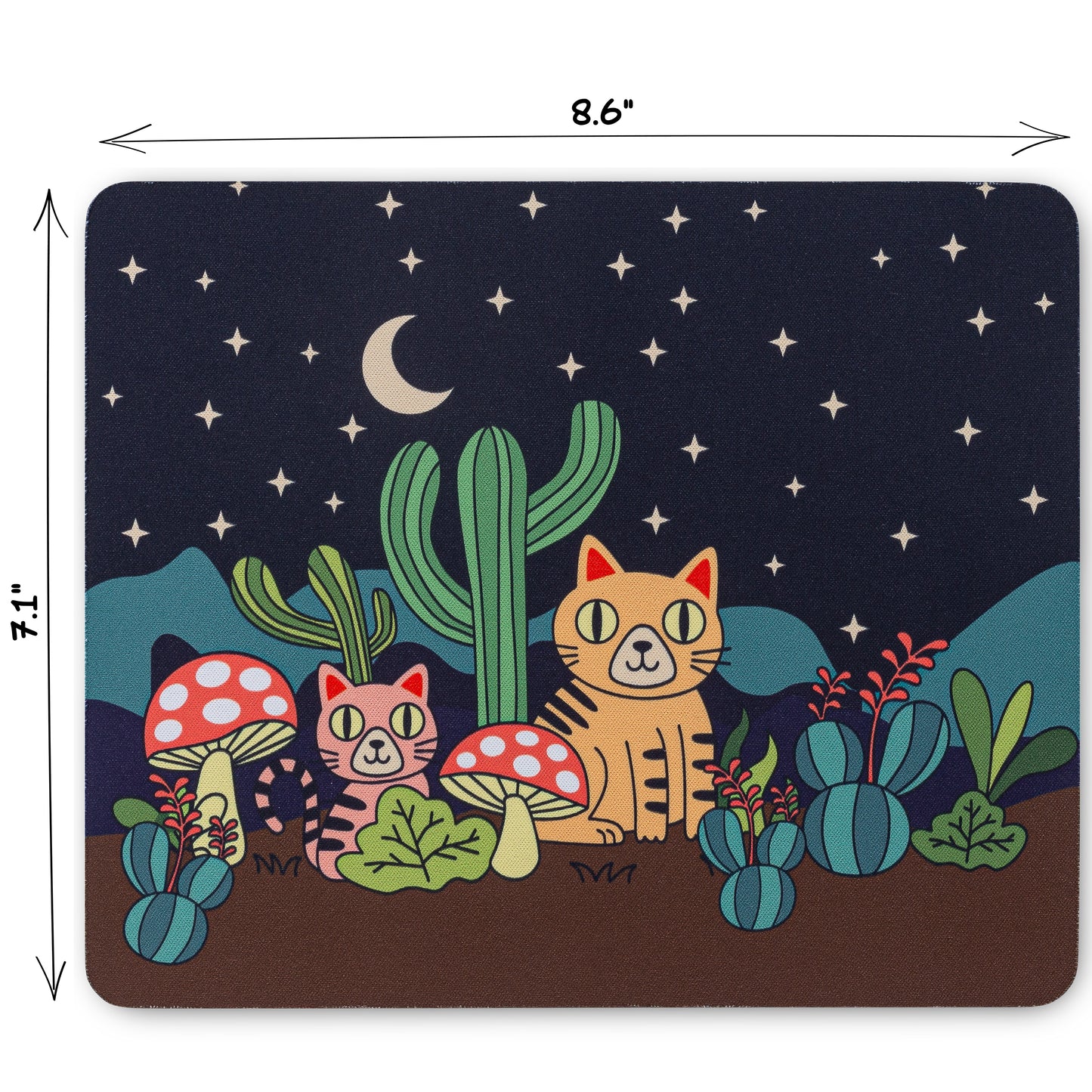 Cute Cat and Cactus Mouse Pad with Starry Night Desert Sky | Whimsical Desk Mat for Home, Office, or School wtih Non-Slip Rubber Base, Smooth Surface for Home or Office Des
