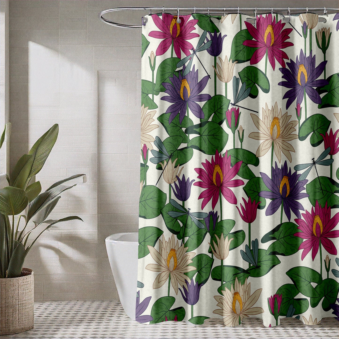 Fabric Shower Curtain for Bathroom Featuring Art Nouveau Forest Pond Floral Dragonfly Design | Green Purple Mauve and Blue Lotus Flowers and Dragonflies on Quick Drying Water-Repellent Machine Washable Fabric