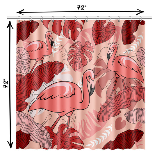 Monstera Leaf Fabric Shower Curtain for Bathroom with Tropical Pink Flamingo, Warm Red and White Monstera and Banana Leaf Design on Fabric | Quick Drying, Water-Repellent, Machine Washable Shower Curtain
