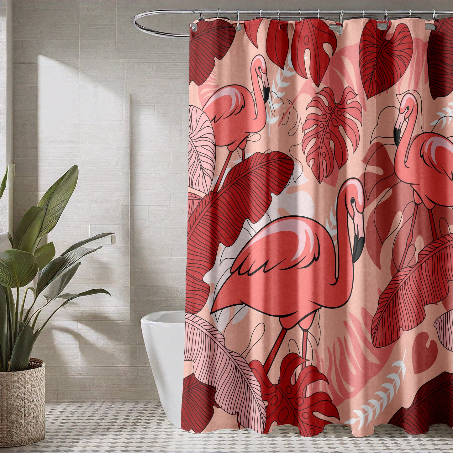 Monstera Leaf Fabric Shower Curtain for Bathroom with Tropical Pink Flamingo, Warm Red and White Monstera and Banana Leaf Design on Fabric | Quick Drying, Water-Repellent, Machine Washable Shower Curtain
