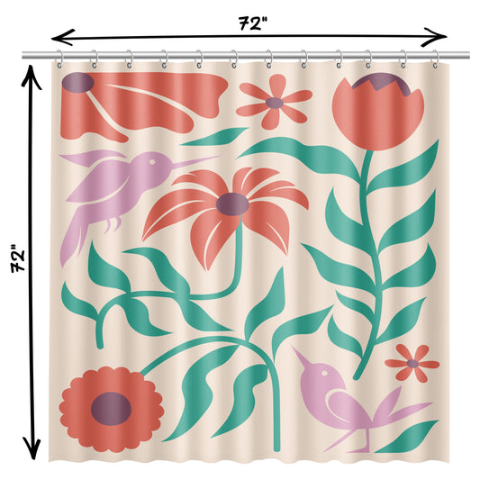 Cream Boho Shower Curtain for Bathroom with Floral Hummingbird Design Red and Green Bohemian Flowers Mauve Hummingbirds on Cream Fabric | Quick Drying, Water-Repellent Machine Washable Shower Curtain