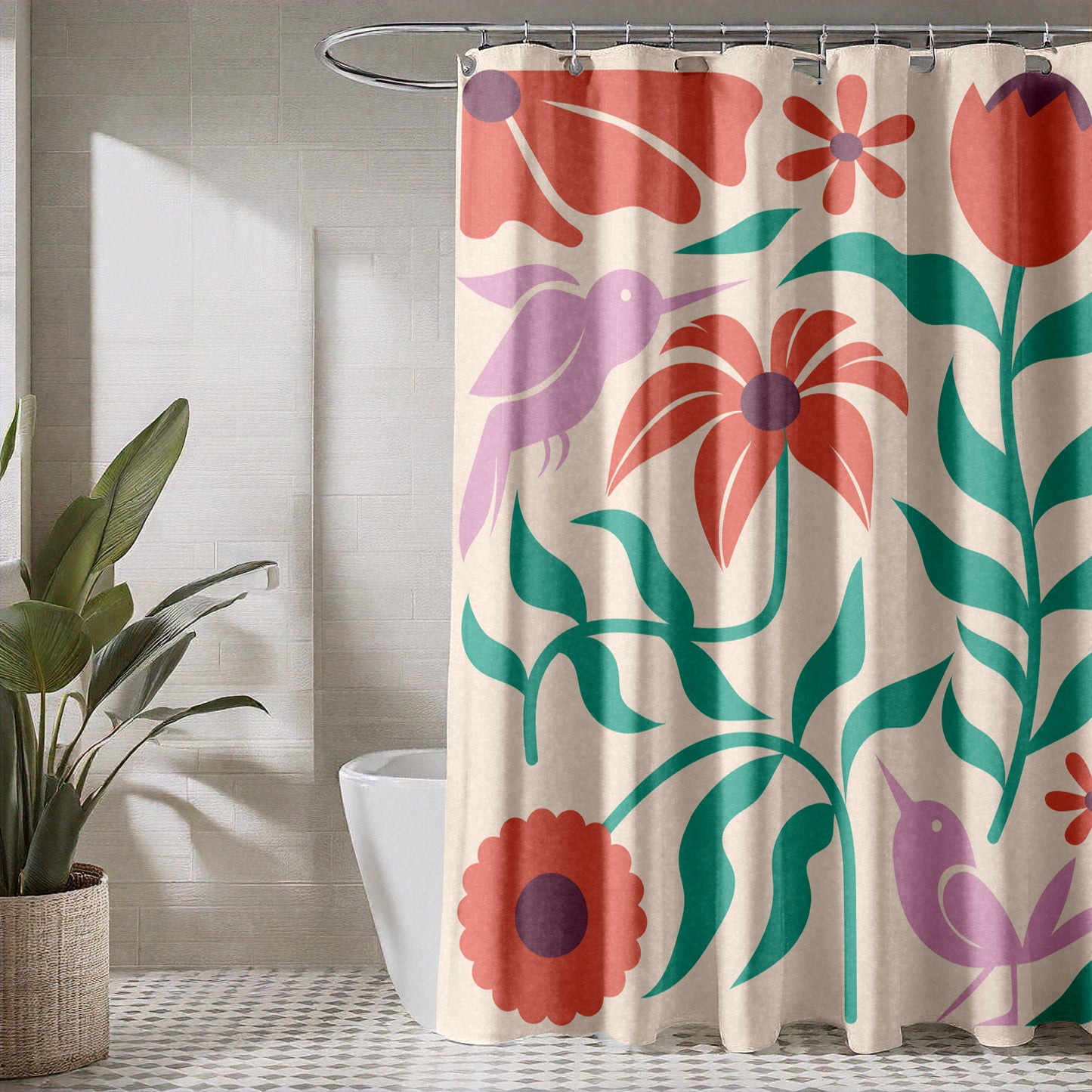 Cream Boho Shower Curtain for Bathroom with Floral Hummingbird Design Red and Green Bohemian Flowers Mauve Hummingbirds on Cream Fabric | Quick Drying, Water-Repellent Machine Washable Shower Curtain