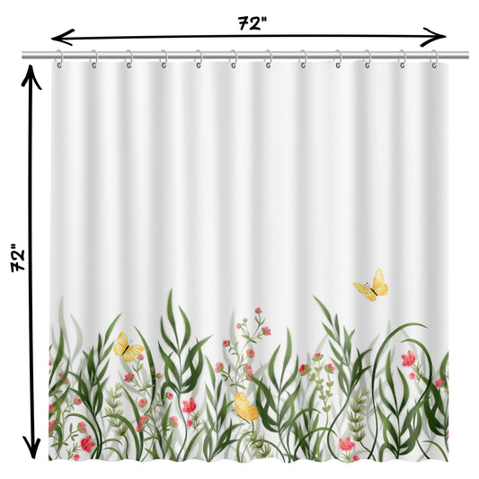 Botanical Bathroom Shower Curtain with Butterflies with| Whimsical Floral Butterfly Design | Earthy Green Red Yellow on White Fabric | Quick Drying Water-Repellent Machine Washable Fabric Shower Curtain