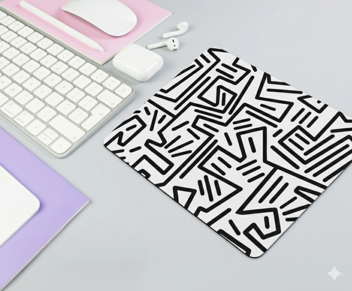 Mouse Pad with Black & White Abstract Artwork Inspired by Keith Haring | Non-Slip Rubber Base, Smooth Surface for Office, Home, or Gaming Desk