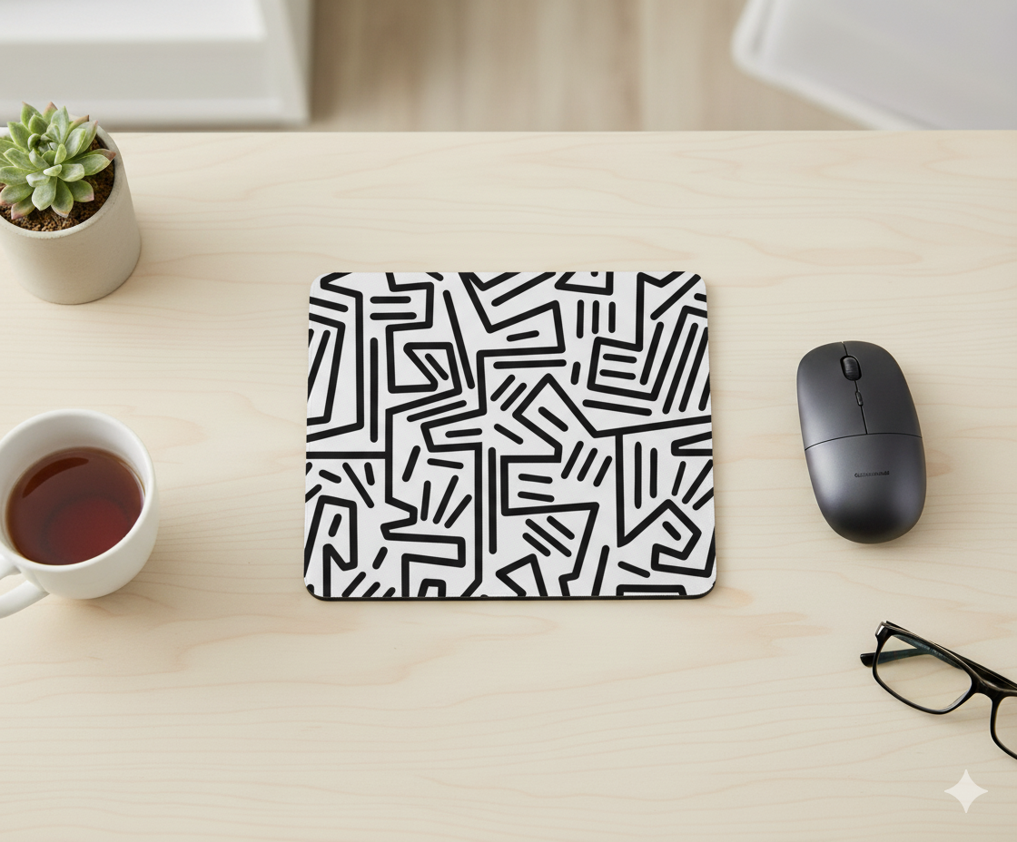 Mouse Pad with Black & White Abstract Artwork Inspired by Keith Haring | Non-Slip Rubber Base, Smooth Surface for Office, Home, or Gaming Desk