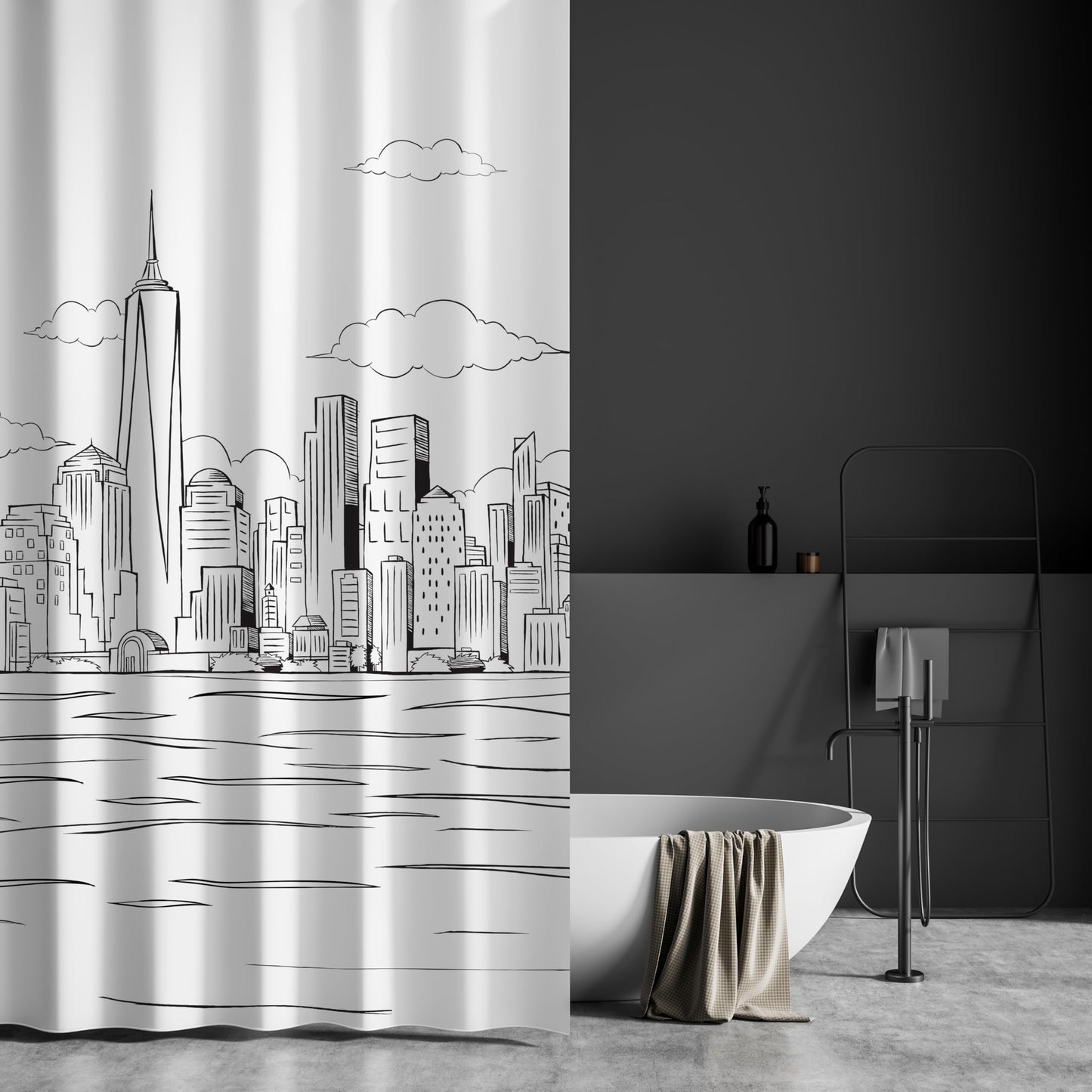 Azimuth Articles White Fabric Shower Curtain with New York City Skyline Artwork by NYwC | Quick Drying Water Resistant Washable Fabric | Use as Shower Curtain Liner or as Primary Shower Curtian