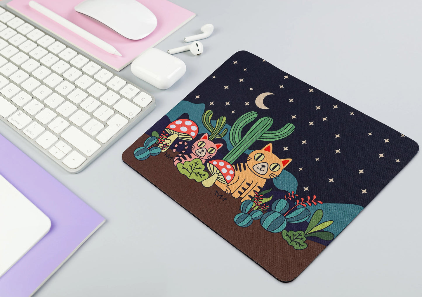 Cute Cat and Cactus Mouse Pad with Starry Night Desert Sky | Whimsical Desk Mat for Home, Office, or School wtih Non-Slip Rubber Base, Smooth Surface for Home or Office Des