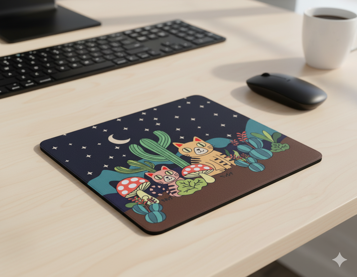 Cute Cat and Cactus Mouse Pad with Starry Night Desert Sky | Whimsical Desk Mat for Home, Office, or School wtih Non-Slip Rubber Base, Smooth Surface for Home or Office Des