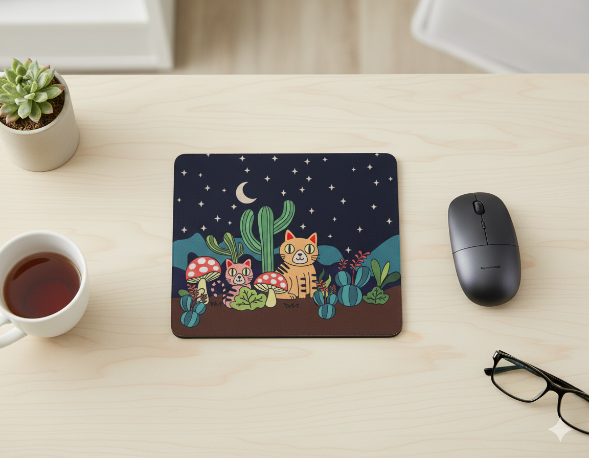 Cute Cat and Cactus Mouse Pad with Starry Night Desert Sky | Whimsical Desk Mat for Home, Office, or School wtih Non-Slip Rubber Base, Smooth Surface for Home or Office Des