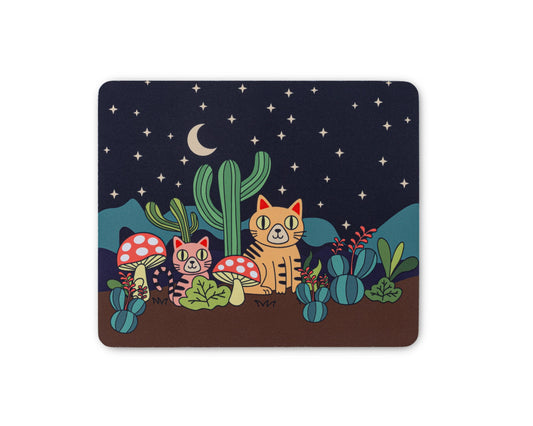 Cute Cat and Cactus Mouse Pad with Starry Night Desert Sky | Whimsical Desk Mat for Home, Office, or School wtih Non-Slip Rubber Base, Smooth Surface for Home or Office Des