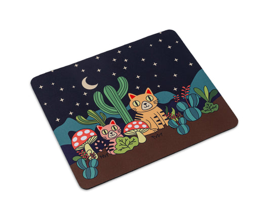Cute Cat and Cactus Mouse Pad with Starry Night Desert Sky | Whimsical Desk Mat for Home, Office, or School wtih Non-Slip Rubber Base, Smooth Surface for Home or Office Des