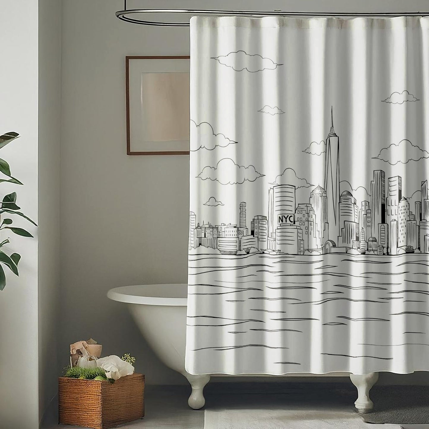 Azimuth Articles White Fabric Shower Curtain with New York City Skyline Artwork by NYwC | Quick Drying Water Resistant Washable Fabric | Use as Shower Curtain Liner or as Primary Shower Curtian