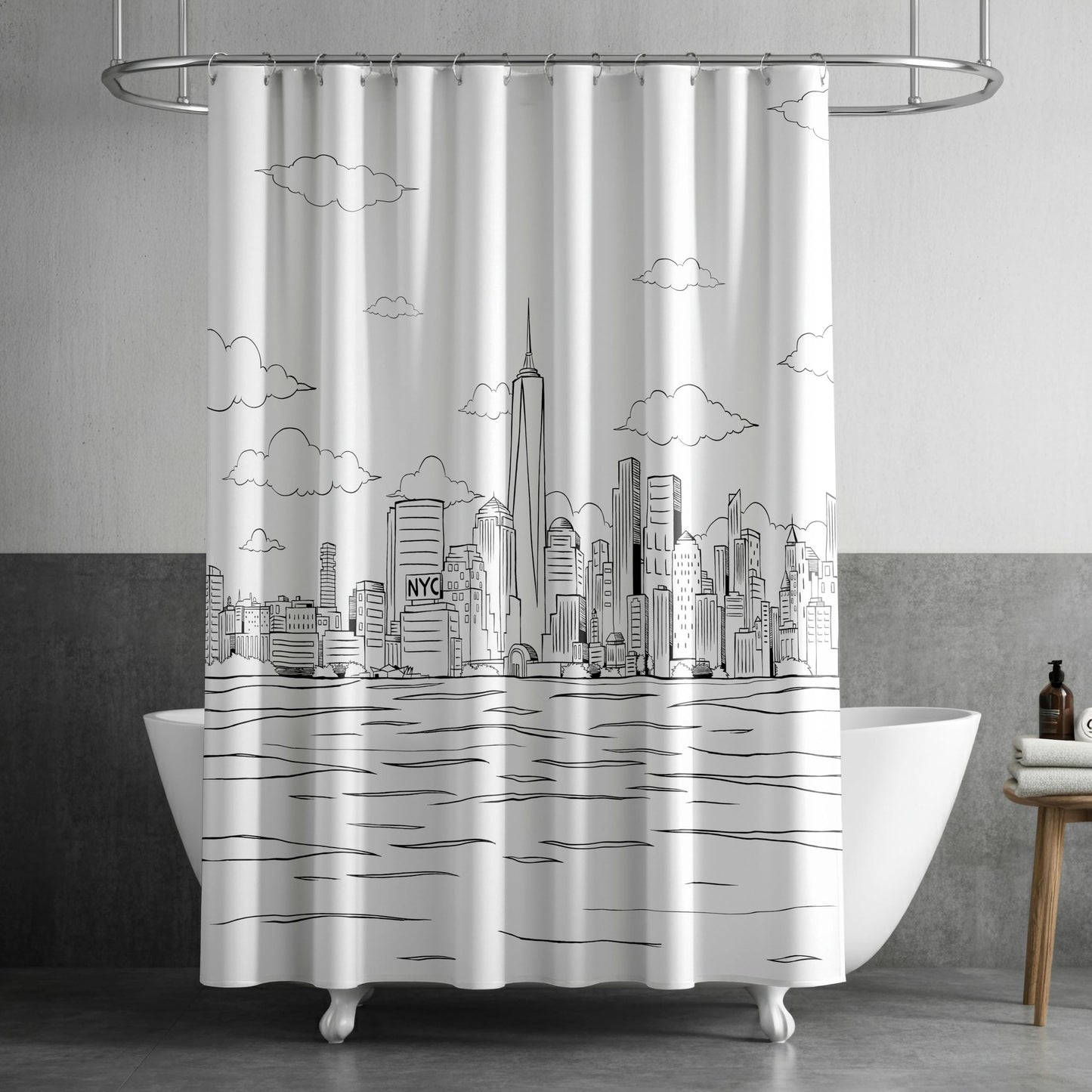 Azimuth Articles White Fabric Shower Curtain with New York City Skyline Artwork by NYwC | Quick Drying Water Resistant Washable Fabric | Use as Shower Curtain Liner or as Primary Shower Curtian