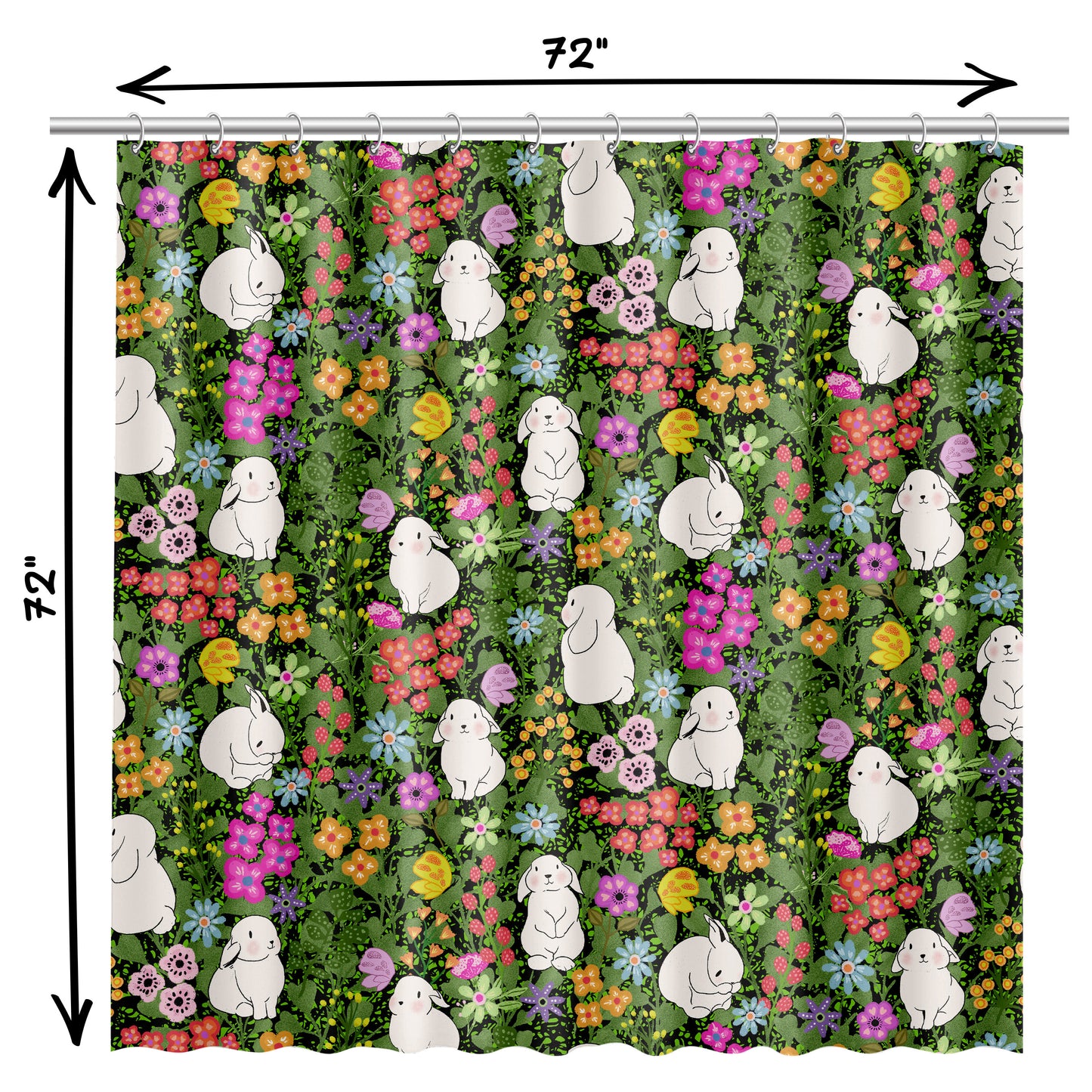 Shower Curtain for Bathroom with Whimsical Butterflies, Adorable Bunnies, Cute Floral Design, and Bright Spring Colors on Green Fabric | Quick Drying Water-Repellent Machine Washable Fabric Shower Curtain