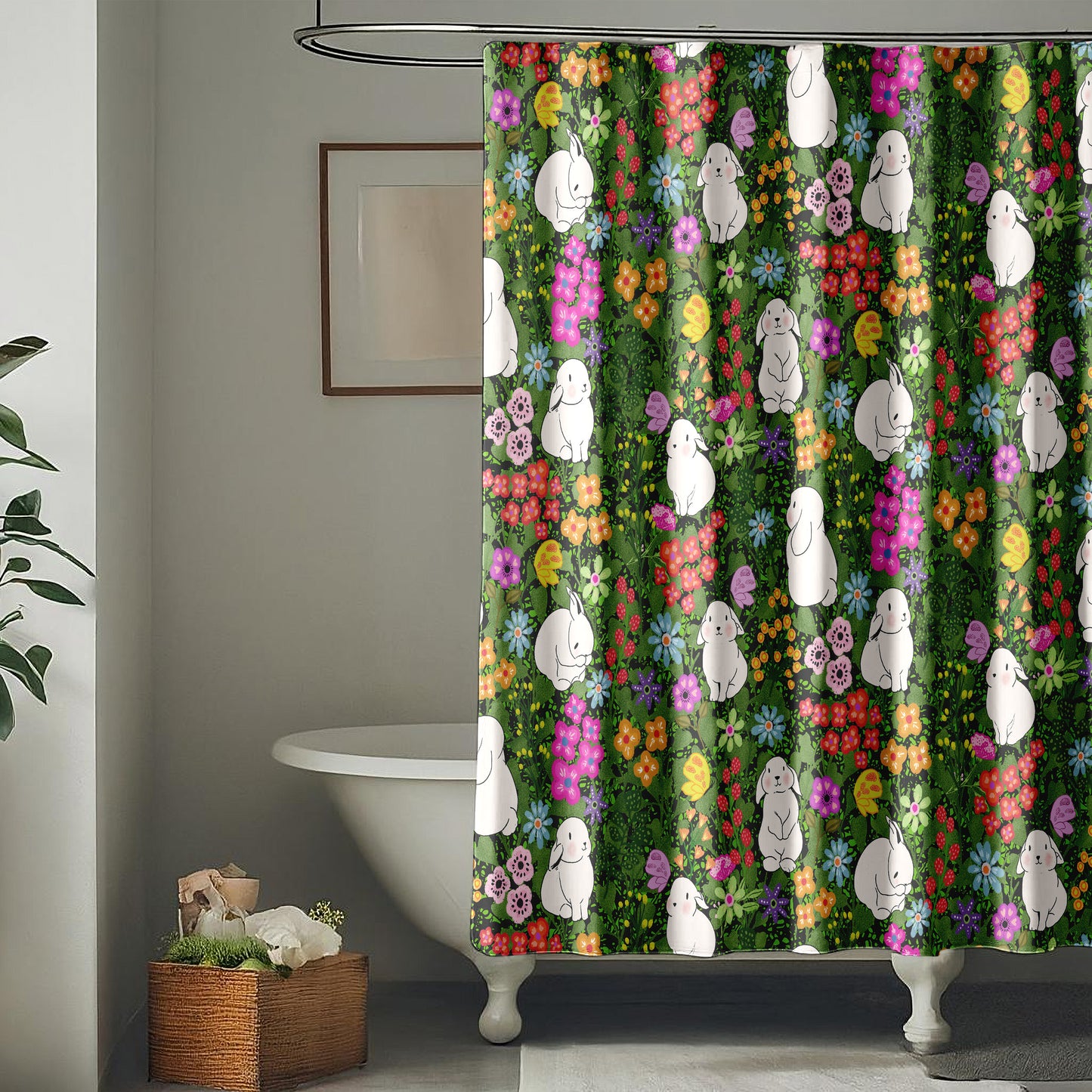 Shower Curtain for Bathroom with Whimsical Butterflies, Adorable Bunnies, Cute Floral Design, and Bright Spring Colors on Green Fabric | Quick Drying Water-Repellent Machine Washable Fabric Shower Curtain