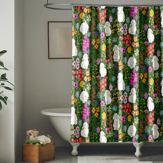 Shower Curtain for Bathroom with Whimsical Butterflies, Adorable Bunnies, Cute Floral Design, and Bright Spring Colors on Green Fabric | Quick Drying Water-Repellent Machine Washable Fabric Shower Curtain