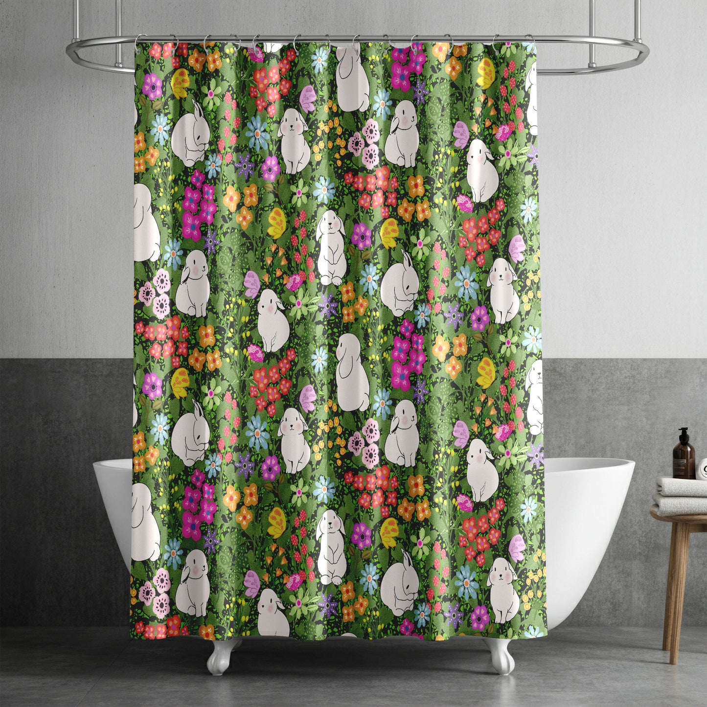 Shower Curtain for Bathroom with Whimsical Butterflies, Adorable Bunnies, Cute Floral Design, and Bright Spring Colors on Green Fabric | Quick Drying Water-Repellent Machine Washable Fabric Shower Curtain