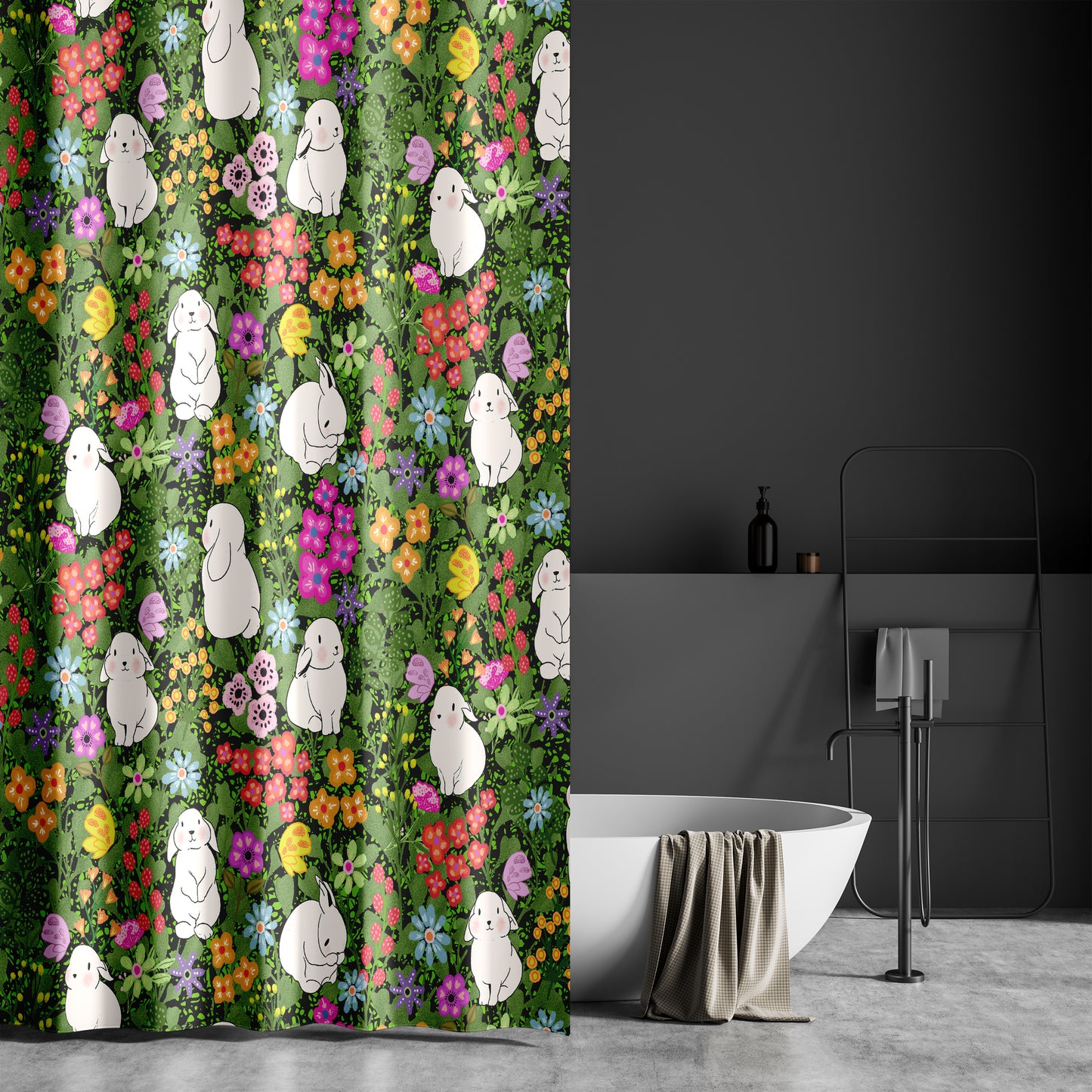 Shower Curtain for Bathroom with Whimsical Butterflies, Adorable Bunnies, Cute Floral Design, and Bright Spring Colors on Green Fabric | Quick Drying Water-Repellent Machine Washable Fabric Shower Curtain