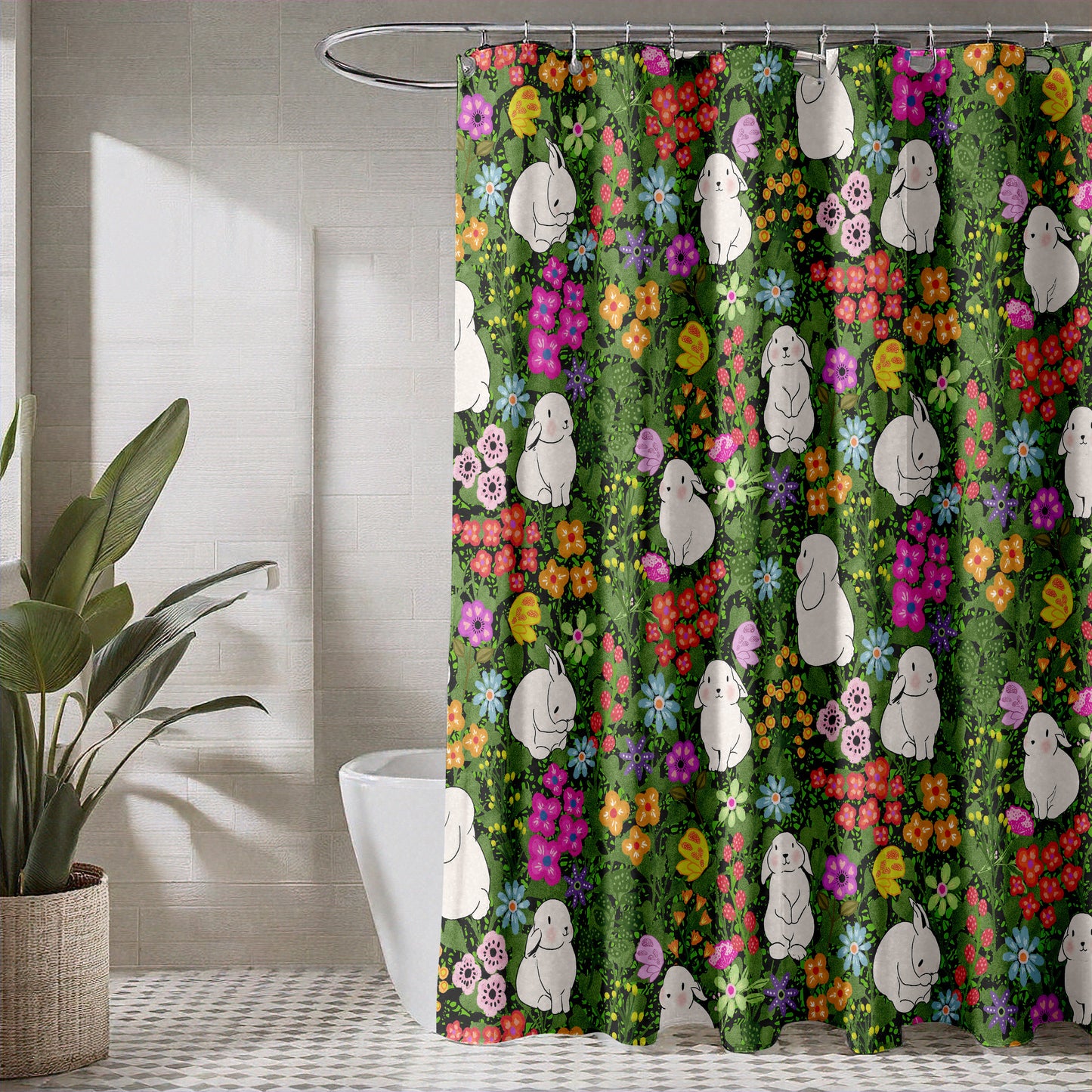 Shower Curtain for Bathroom with Whimsical Butterflies, Adorable Bunnies, Cute Floral Design, and Bright Spring Colors on Green Fabric | Quick Drying Water-Repellent Machine Washable Fabric Shower Curtain