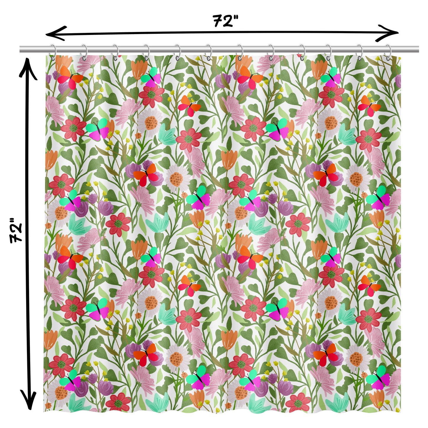 Fabric Shower Curtain for Bathroom with Cute Floral Wildflower and Butterfly Design | Playful Pink and Blue Floral Fabric Shower Curtain with Butterflies | Quick Drying, Water-Repellent, Machine Washable