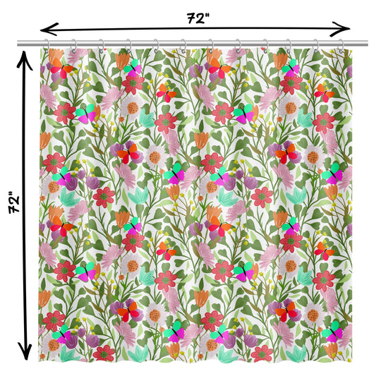 Fabric Shower Curtain for Bathroom with Cute Floral Wildflower and Butterfly Design | Playful Pink and Blue Floral Fabric Shower Curtain with Butterflies | Quick Drying, Water-Repellent, Machine Washable