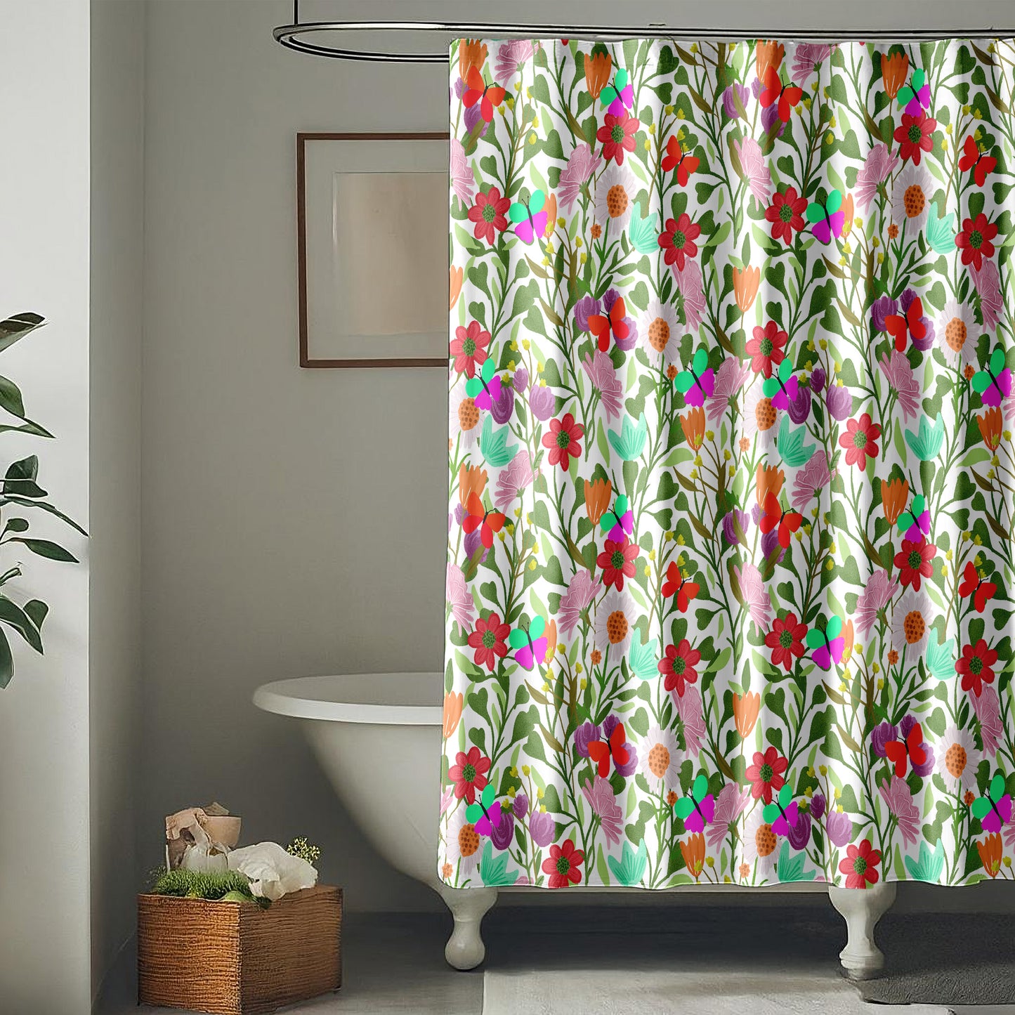 Fabric Shower Curtain for Bathroom with Cute Floral Wildflower and Butterfly Design | Playful Pink and Blue Floral Fabric Shower Curtain with Butterflies | Quick Drying, Water-Repellent, Machine Washable