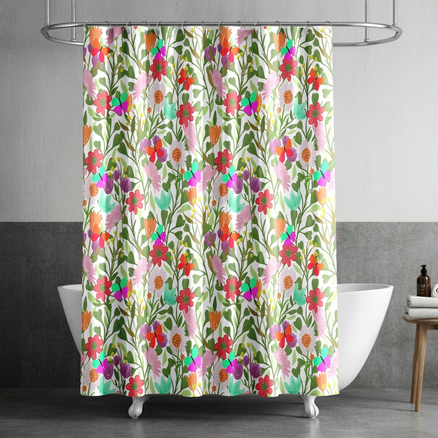 Fabric Shower Curtain for Bathroom with Cute Floral Wildflower and Butterfly Design | Playful Pink and Blue Floral Fabric Shower Curtain with Butterflies | Quick Drying, Water-Repellent, Machine Washable