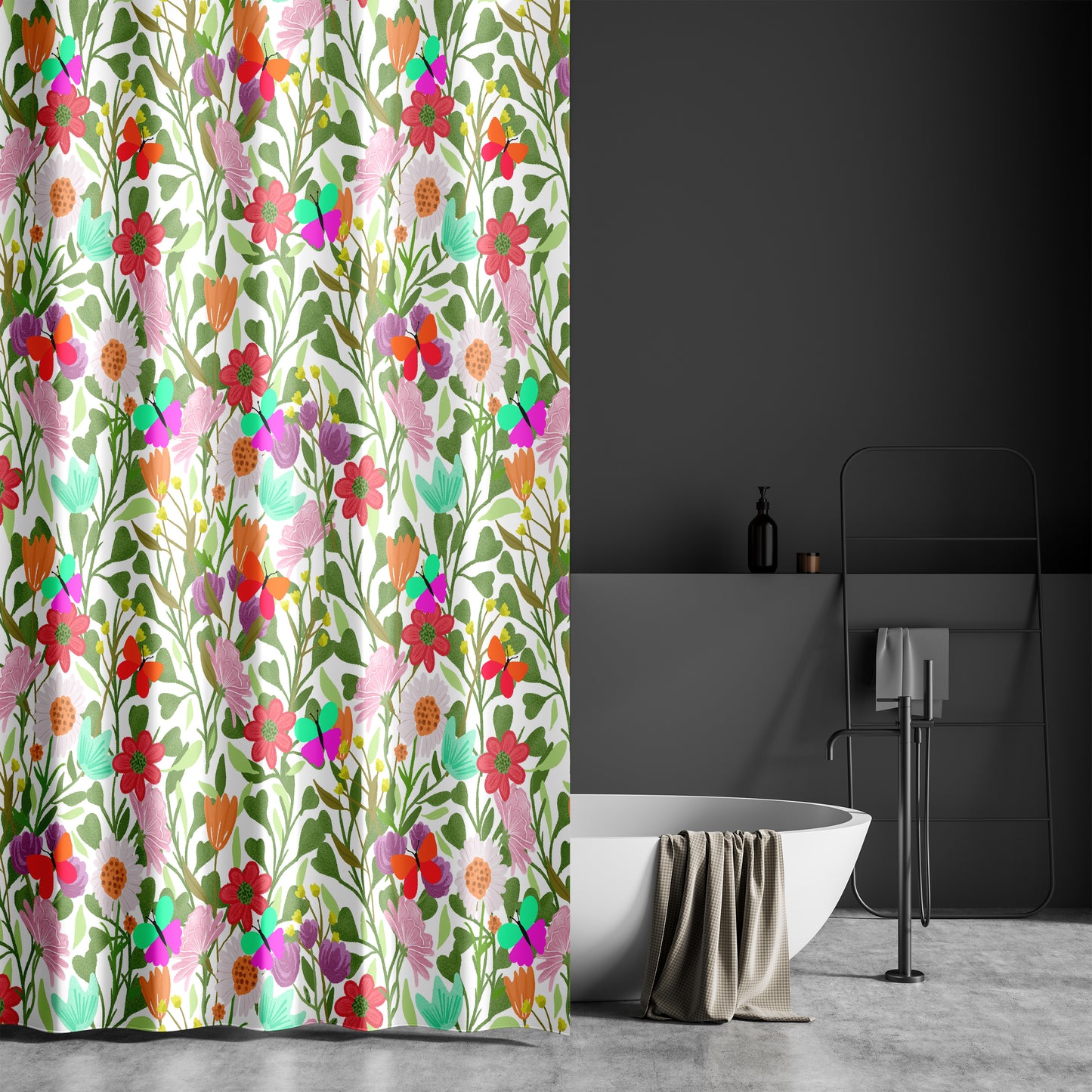 Fabric Shower Curtain for Bathroom with Cute Floral Wildflower and Butterfly Design | Playful Pink and Blue Floral Fabric Shower Curtain with Butterflies | Quick Drying, Water-Repellent, Machine Washable