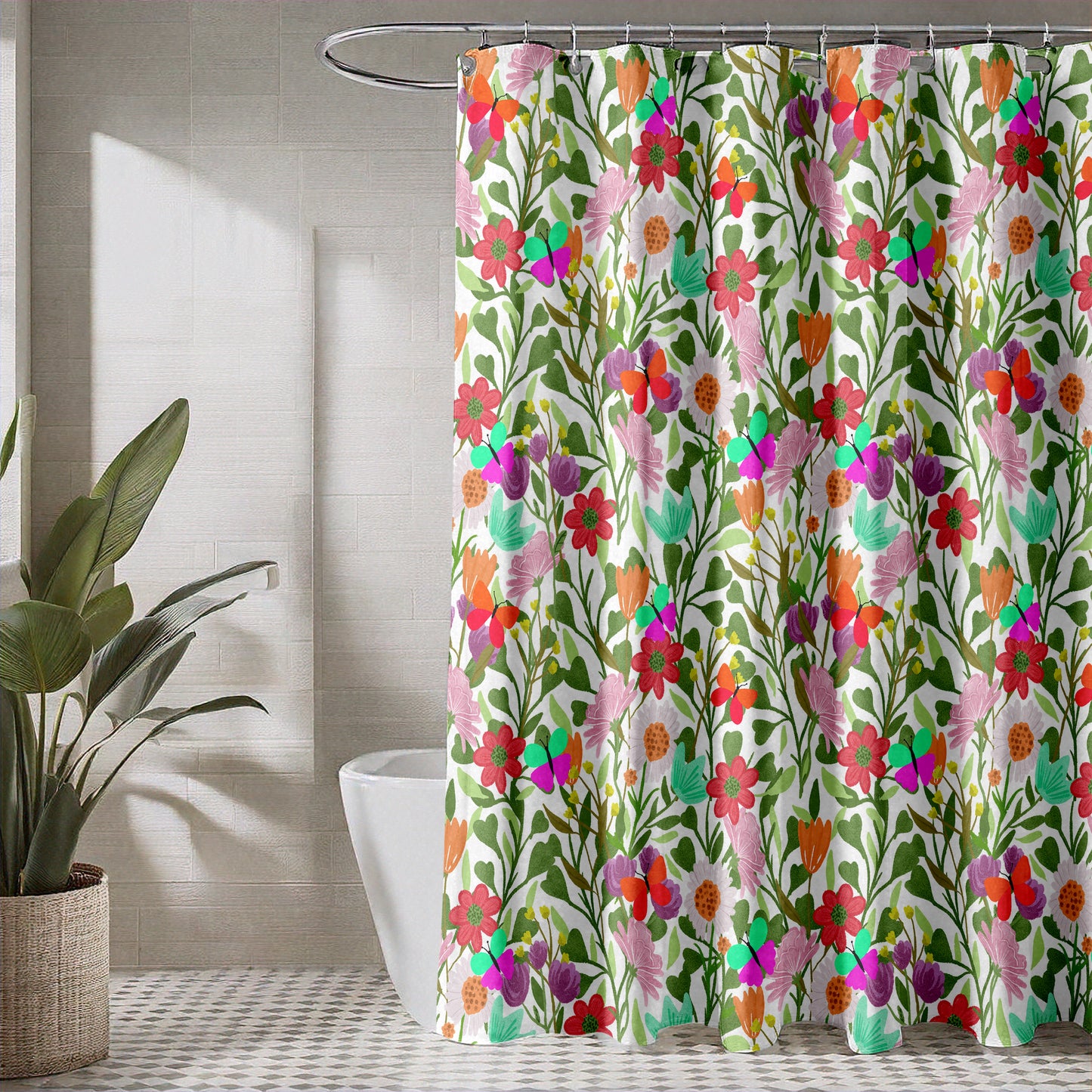 Fabric Shower Curtain for Bathroom with Cute Floral Wildflower and Butterfly Design | Playful Pink and Blue Floral Fabric Shower Curtain with Butterflies | Quick Drying, Water-Repellent, Machine Washable