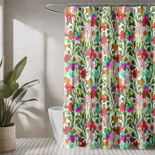 Fabric Shower Curtain for Bathroom with Cute Floral Wildflower and Butterfly Design | Playful Pink and Blue Floral Fabric Shower Curtain with Butterflies | Quick Drying, Water-Repellent, Machine Washable