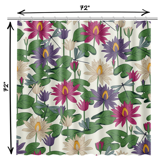 Fabric Shower Curtain for Bathroom Featuring Art Nouveau Forest Pond Floral Dragonfly Design | Green Purple Mauve and Blue Lotus Flowers and Dragonflies on Quick Drying Water-Repellent Machine Washable Fabric