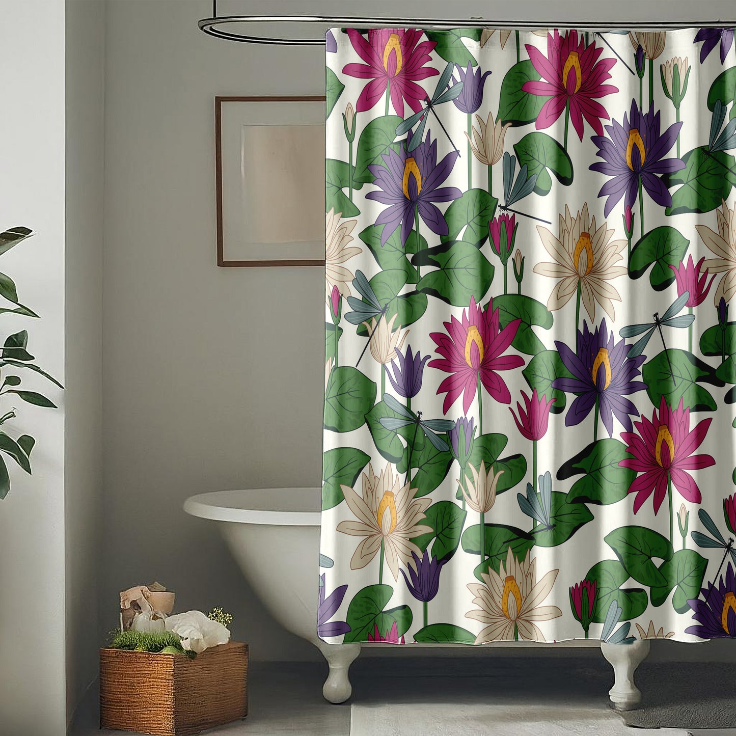 Fabric Shower Curtain for Bathroom Featuring Art Nouveau Forest Pond Floral Dragonfly Design | Green Purple Mauve and Blue Lotus Flowers and Dragonflies on Quick Drying Water-Repellent Machine Washable Fabric