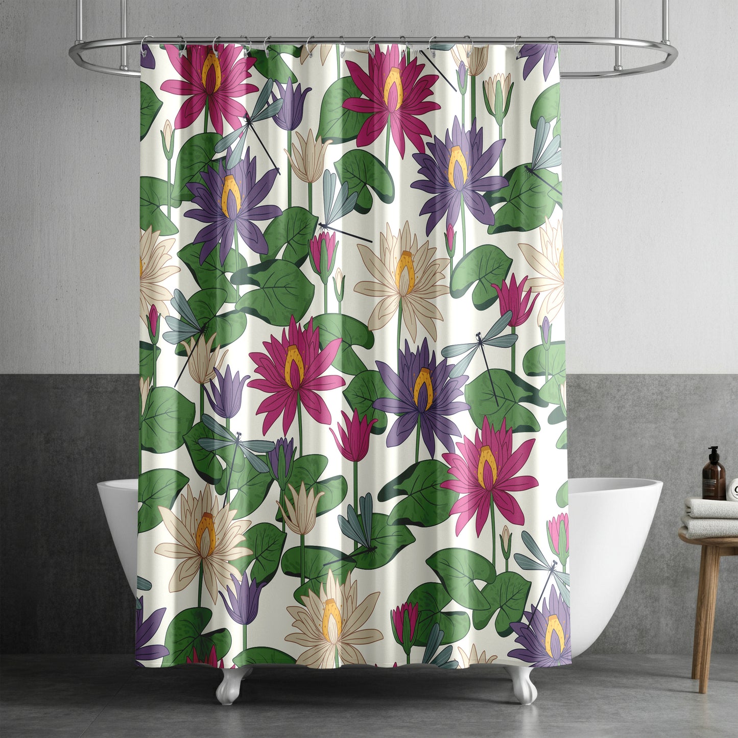 Fabric Shower Curtain for Bathroom Featuring Art Nouveau Forest Pond Floral Dragonfly Design | Green Purple Mauve and Blue Lotus Flowers and Dragonflies on Quick Drying Water-Repellent Machine Washable Fabric