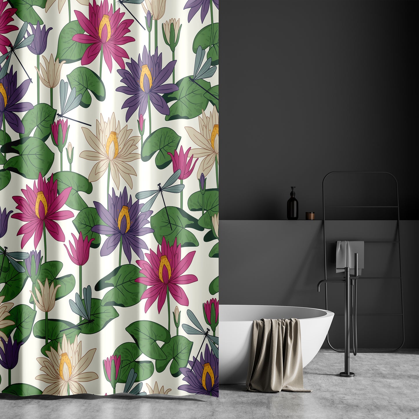 Fabric Shower Curtain for Bathroom Featuring Art Nouveau Forest Pond Floral Dragonfly Design | Green Purple Mauve and Blue Lotus Flowers and Dragonflies on Quick Drying Water-Repellent Machine Washable Fabric
