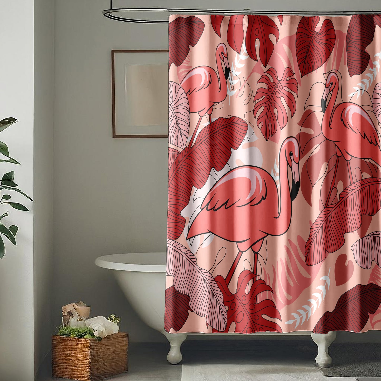 Monstera Leaf Fabric Shower Curtain for Bathroom with Tropical Pink Flamingo, Warm Red and White Monstera and Banana Leaf Design on Fabric | Quick Drying, Water-Repellent, Machine Washable Shower Curtain