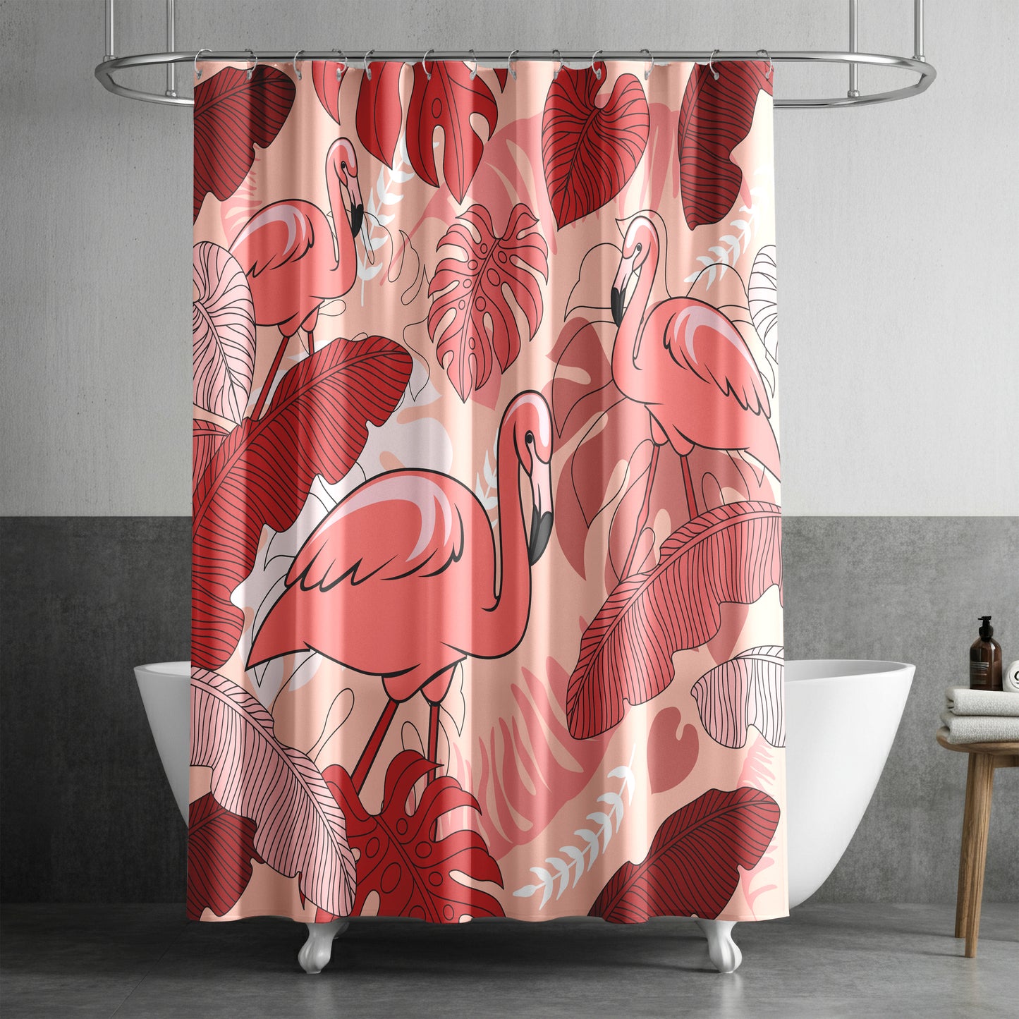 Monstera Leaf Fabric Shower Curtain for Bathroom with Tropical Pink Flamingo, Warm Red and White Monstera and Banana Leaf Design on Fabric | Quick Drying, Water-Repellent, Machine Washable Shower Curtain