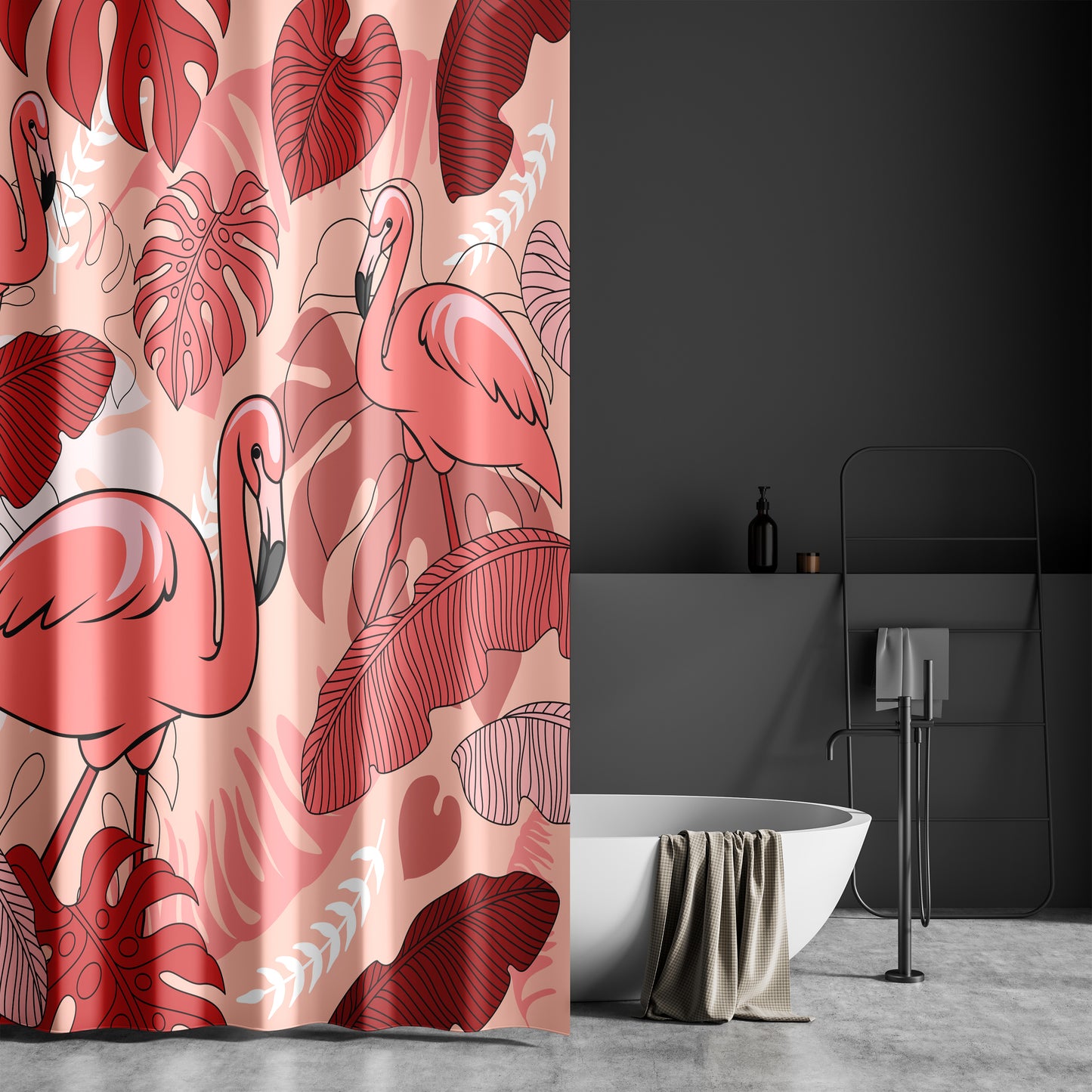 Monstera Leaf Fabric Shower Curtain for Bathroom with Tropical Pink Flamingo, Warm Red and White Monstera and Banana Leaf Design on Fabric | Quick Drying, Water-Repellent, Machine Washable Shower Curtain