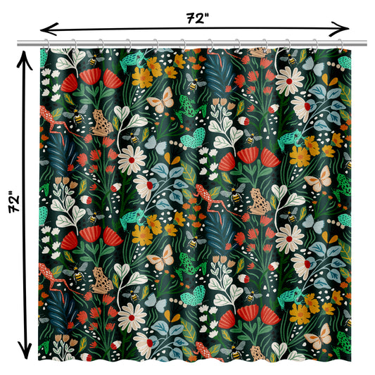 Dark Botanical Shower Curtain with Butterflies, Tropical Jungle Design, Bees, and Frogs | Rich Green with Colorful Spring Blooms on Quick Drying Water-Repellent Machine Washable Fabric