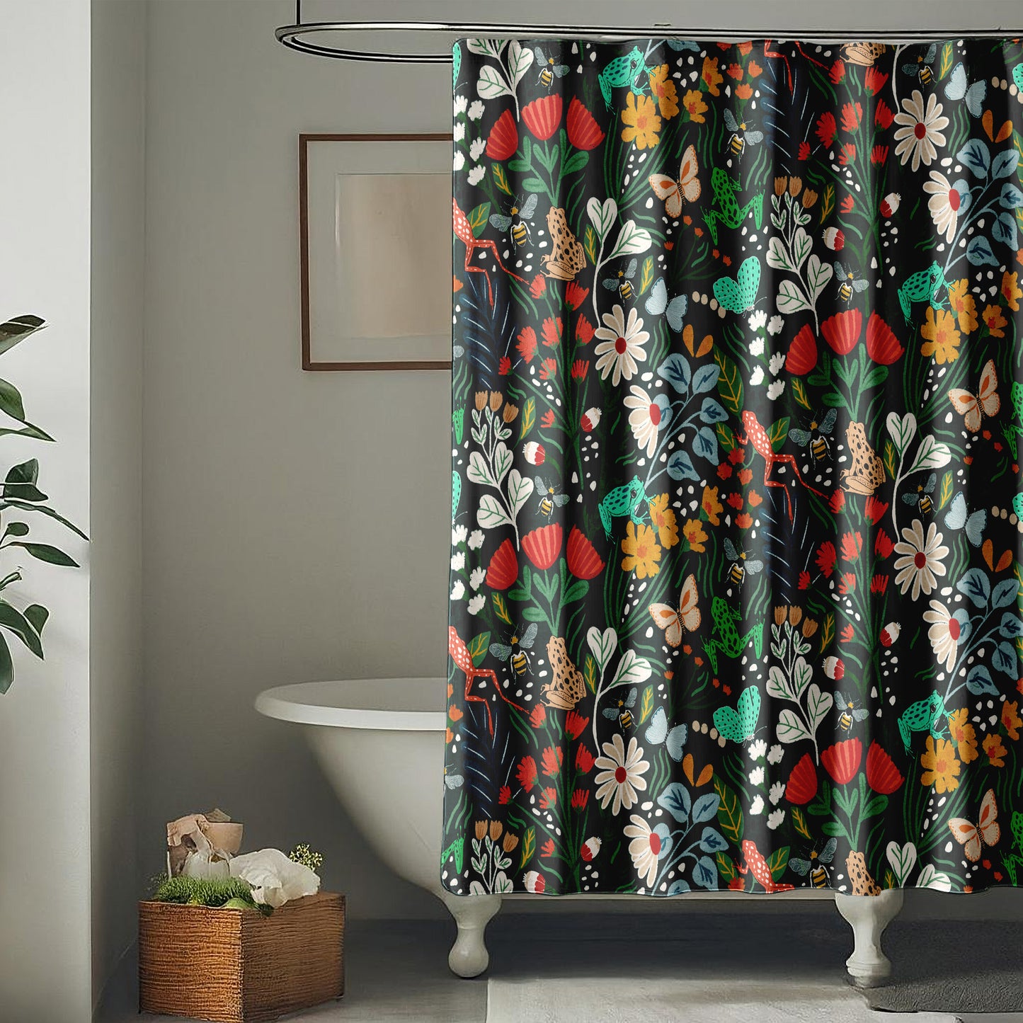 Dark Botanical Shower Curtain with Butterflies, Tropical Jungle Design, Bees, and Frogs | Rich Green with Colorful Spring Blooms on Quick Drying Water-Repellent Machine Washable Fabric