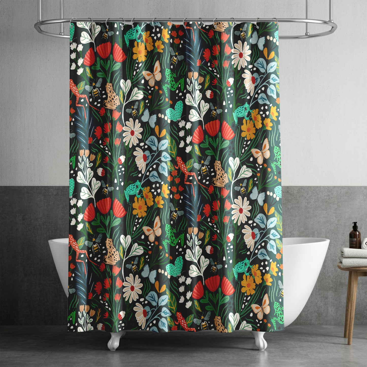 Dark Botanical Shower Curtain with Butterflies, Tropical Jungle Design, Bees, and Frogs | Rich Green with Colorful Spring Blooms on Quick Drying Water-Repellent Machine Washable Fabric