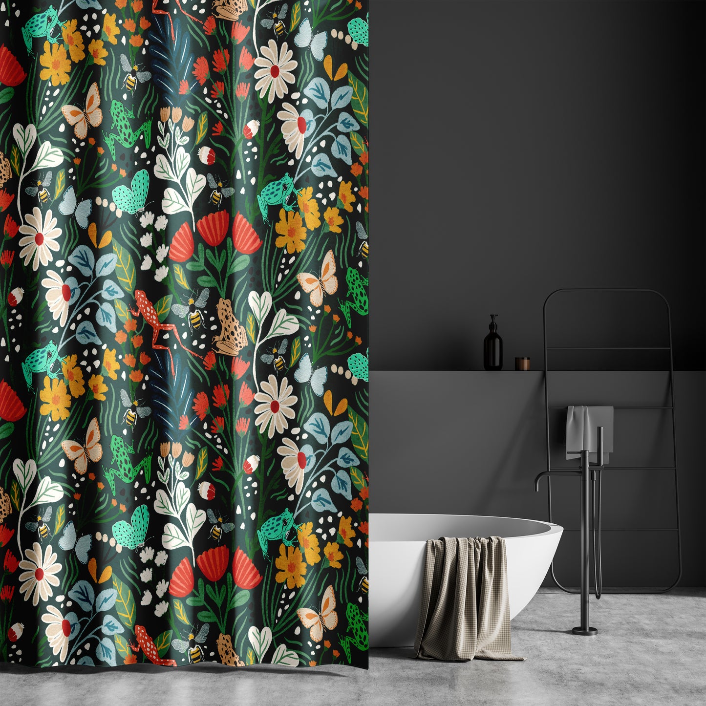 Dark Botanical Shower Curtain with Butterflies, Tropical Jungle Design, Bees, and Frogs | Rich Green with Colorful Spring Blooms on Quick Drying Water-Repellent Machine Washable Fabric