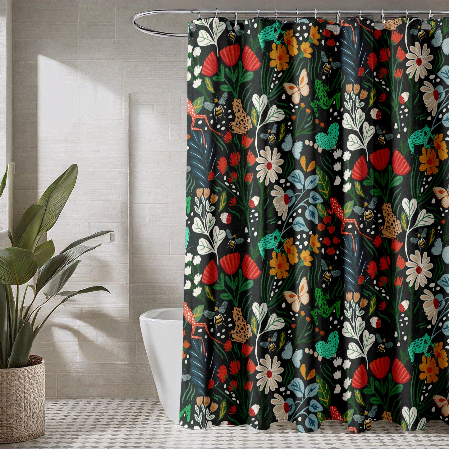 Dark Botanical Shower Curtain with Butterflies, Tropical Jungle Design, Bees, and Frogs | Rich Green with Colorful Spring Blooms on Quick Drying Water-Repellent Machine Washable Fabric