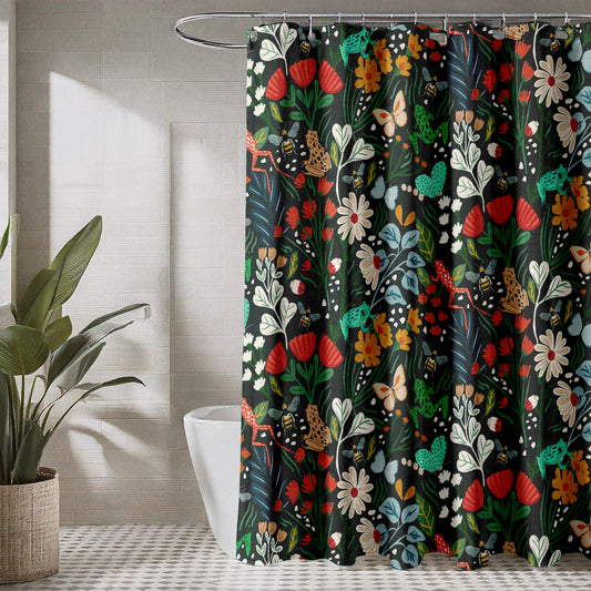 Dark Botanical Shower Curtain with Butterflies, Tropical Jungle Design, Bees, and Frogs | Rich Green with Colorful Spring Blooms on Quick Drying Water-Repellent Machine Washable Fabric