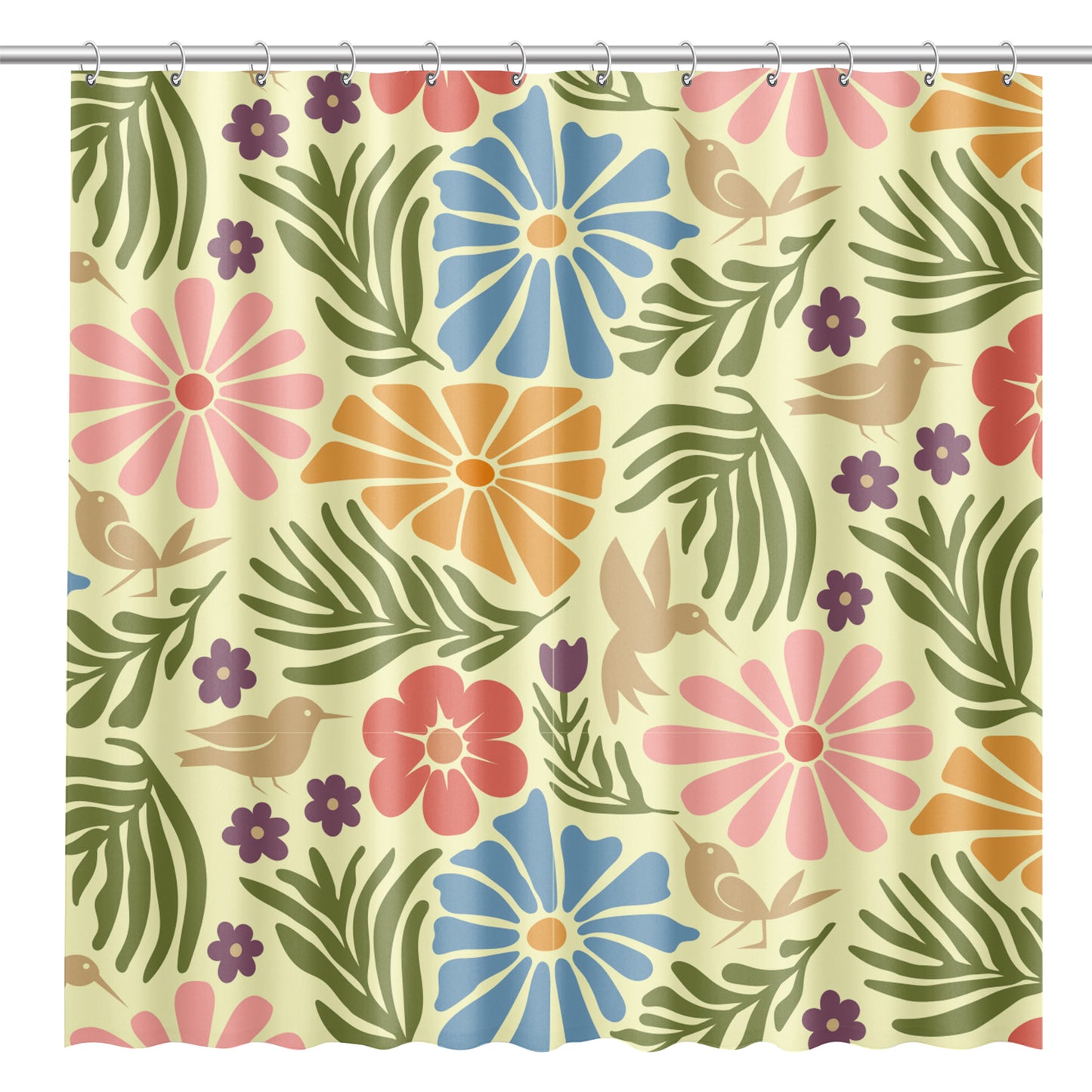 Boho Shower Curtain for Bathroom with Floral Hummingbird Design with Boho Blue, Pink, Burnt Orange, Green and Mauve Flowers and Golden Hummingbirds on Pastel Fabric | Water-Repellent Machine Washable Fabric Shower Curtain