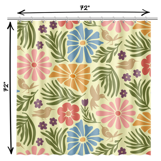 Boho Shower Curtain for Bathroom with Floral Hummingbird Design with Boho Blue, Pink, Burnt Orange, Green and Mauve Flowers and Golden Hummingbirds on Pastel Fabric | Water-Repellent Machine Washable Fabric Shower Curtain