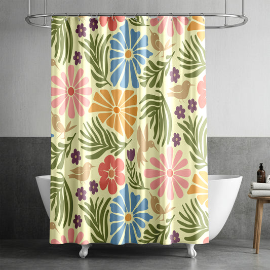 Boho Shower Curtain for Bathroom with Floral Hummingbird Design with Boho Blue, Pink, Burnt Orange, Green and Mauve Flowers and Golden Hummingbirds on Pastel Fabric | Water-Repellent Machine Washable Fabric Shower Curtain
