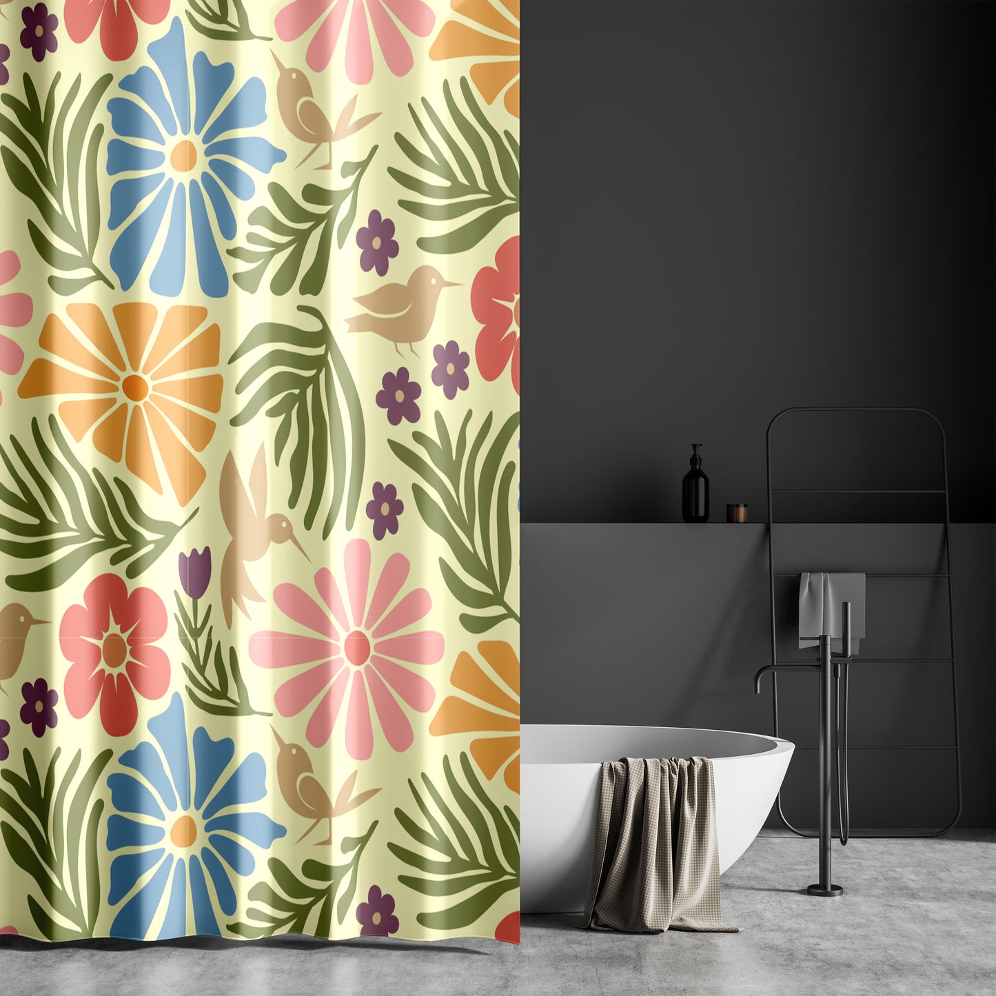 Boho Shower Curtain for Bathroom with Floral Hummingbird Design with Boho Blue, Pink, Burnt Orange, Green and Mauve Flowers and Golden Hummingbirds on Pastel Fabric | Water-Repellent Machine Washable Fabric Shower Curtain