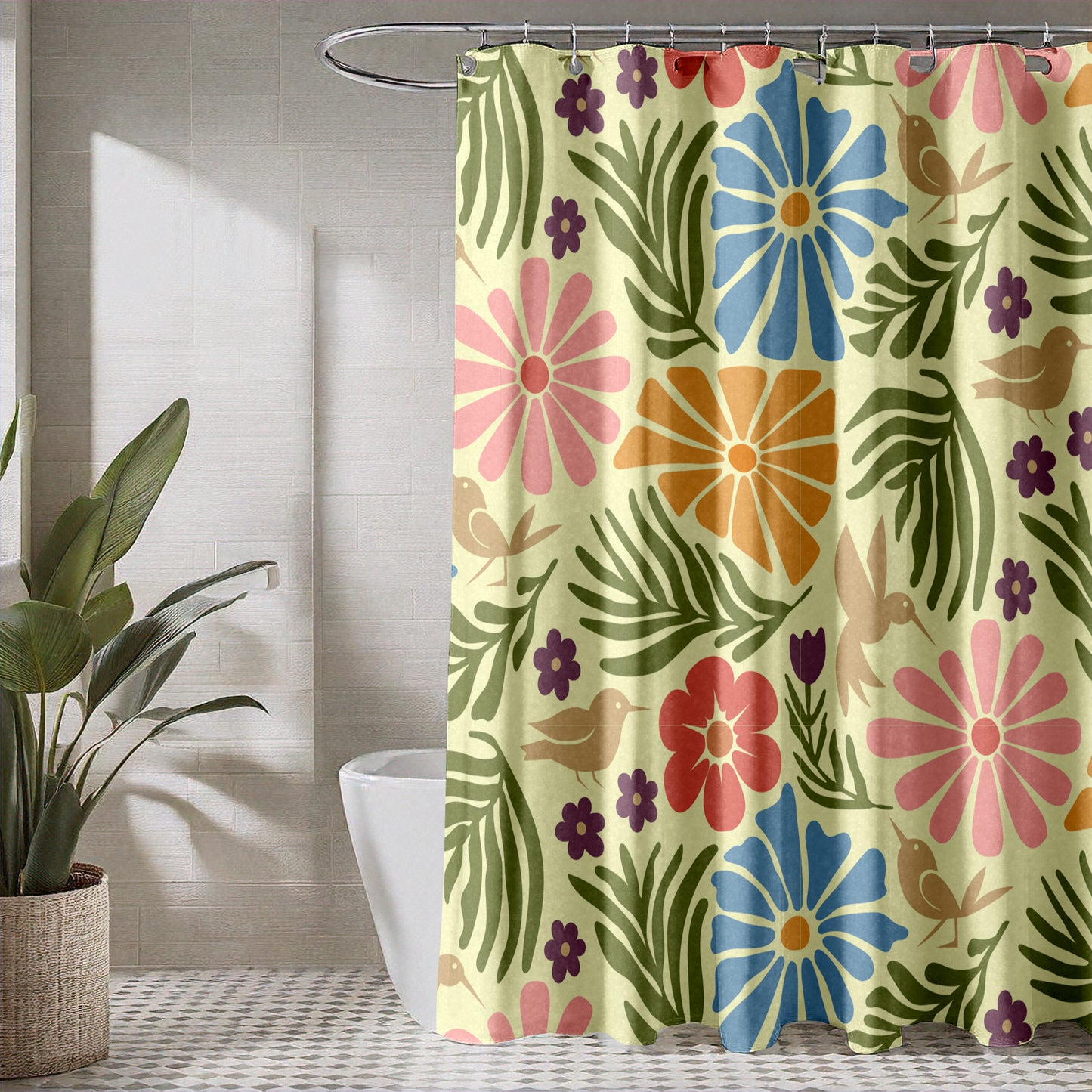 Boho Shower Curtain for Bathroom with Floral Hummingbird Design with Boho Blue, Pink, Burnt Orange, Green and Mauve Flowers and Golden Hummingbirds on Pastel Fabric | Water-Repellent Machine Washable Fabric Shower Curtain
