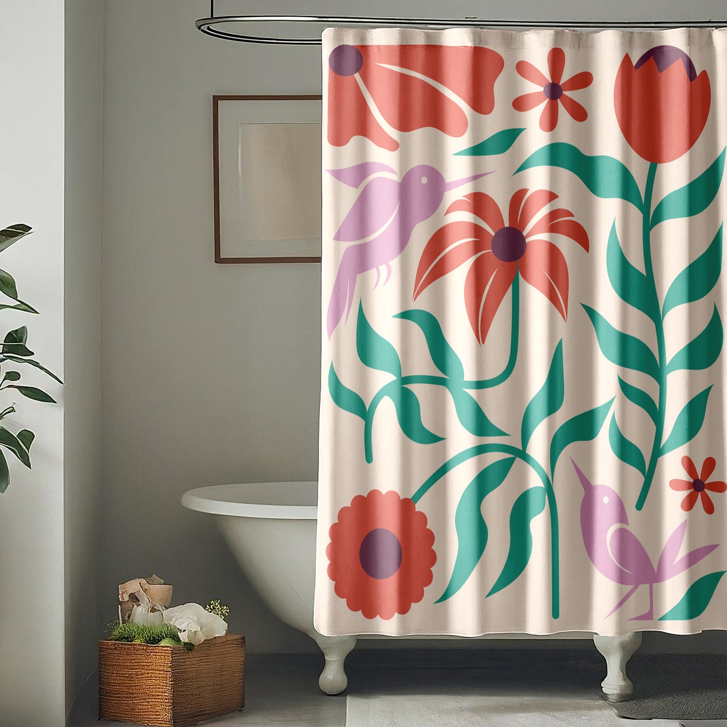 Cream Boho Shower Curtain for Bathroom with Floral Hummingbird Design Red and Green Bohemian Flowers Mauve Hummingbirds on Cream Fabric | Quick Drying, Water-Repellent Machine Washable Shower Curtain