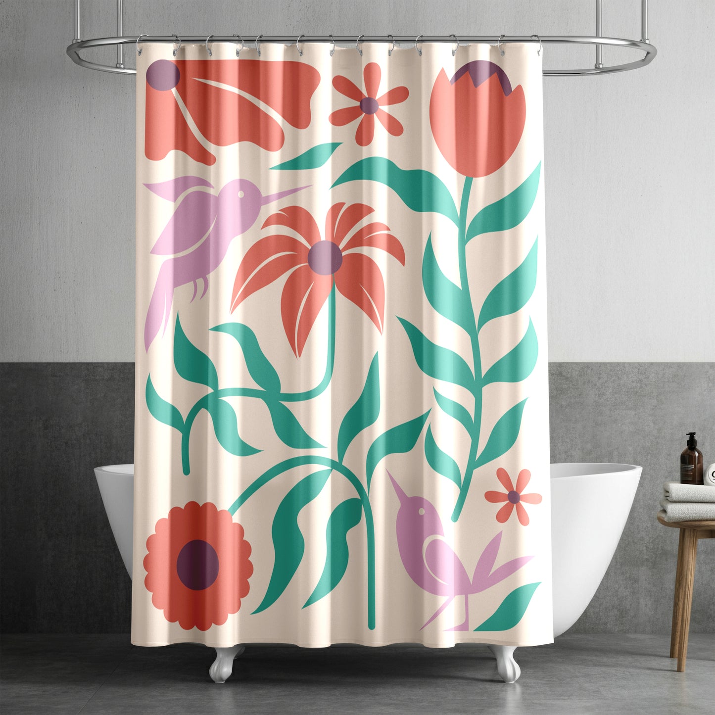 Cream Boho Shower Curtain for Bathroom with Floral Hummingbird Design Red and Green Bohemian Flowers Mauve Hummingbirds on Cream Fabric | Quick Drying, Water-Repellent Machine Washable Shower Curtain